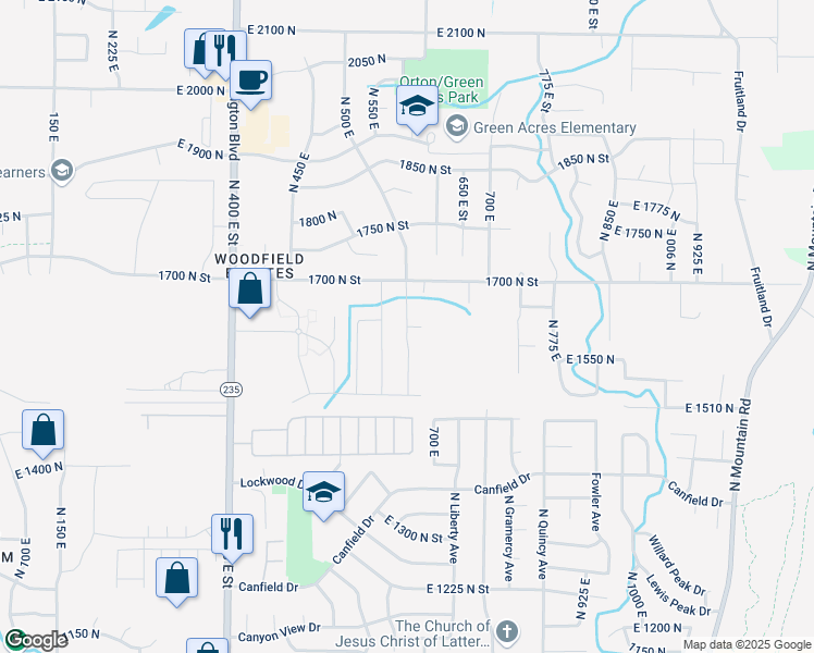 map of restaurants, bars, coffee shops, grocery stores, and more near East 1650 North in North Ogden