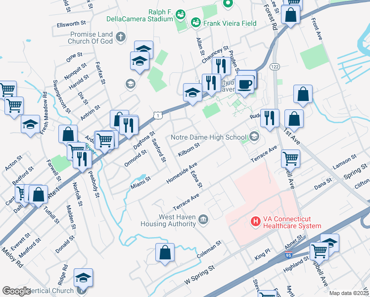 map of restaurants, bars, coffee shops, grocery stores, and more near 43 Kilborn Street in West Haven