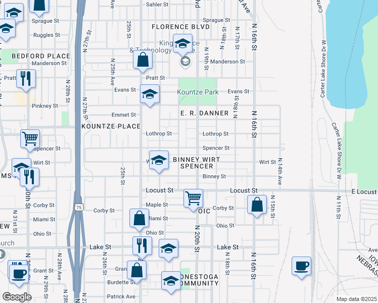 map of restaurants, bars, coffee shops, grocery stores, and more near 2011 Spencer Street in Omaha