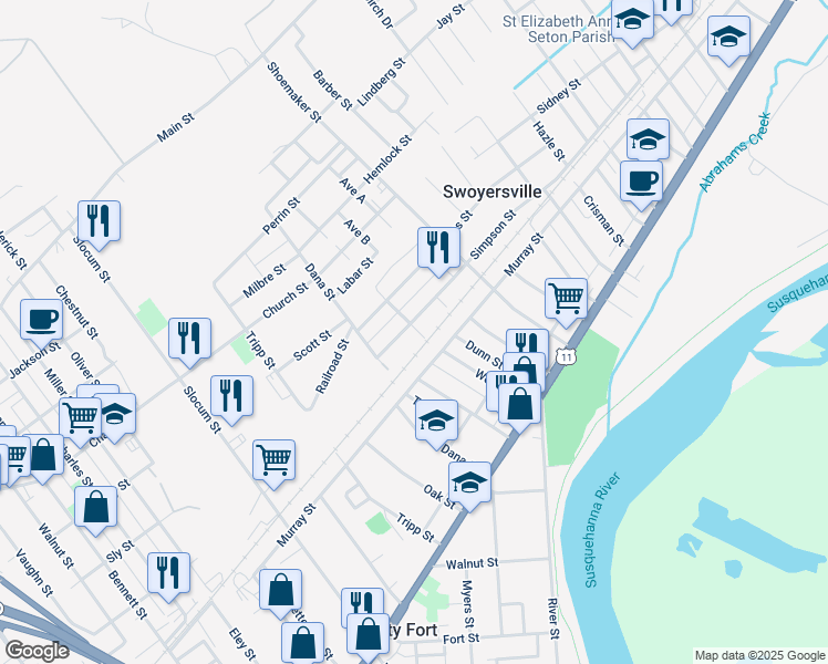 map of restaurants, bars, coffee shops, grocery stores, and more near Wesley Street in Swoyersville