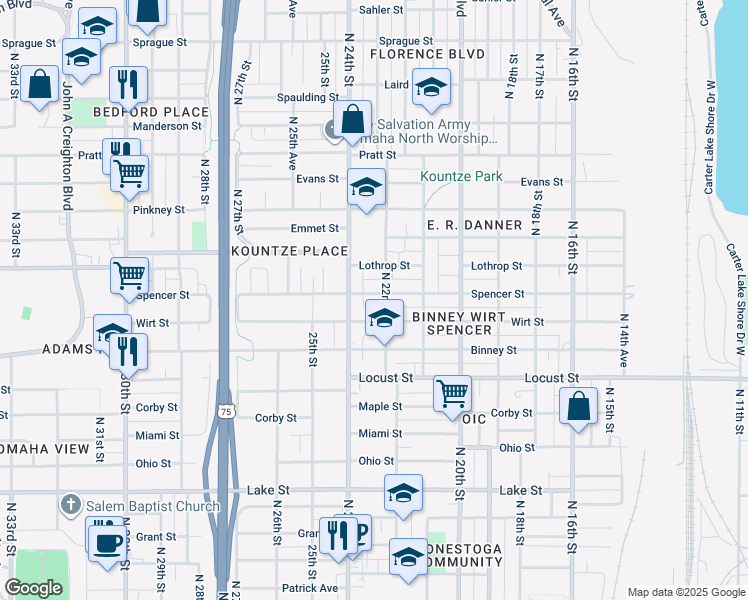 map of restaurants, bars, coffee shops, grocery stores, and more near 2211 Spencer Street in Omaha