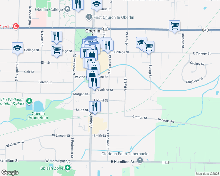 map of restaurants, bars, coffee shops, grocery stores, and more near 74 Groveland Street in Oberlin