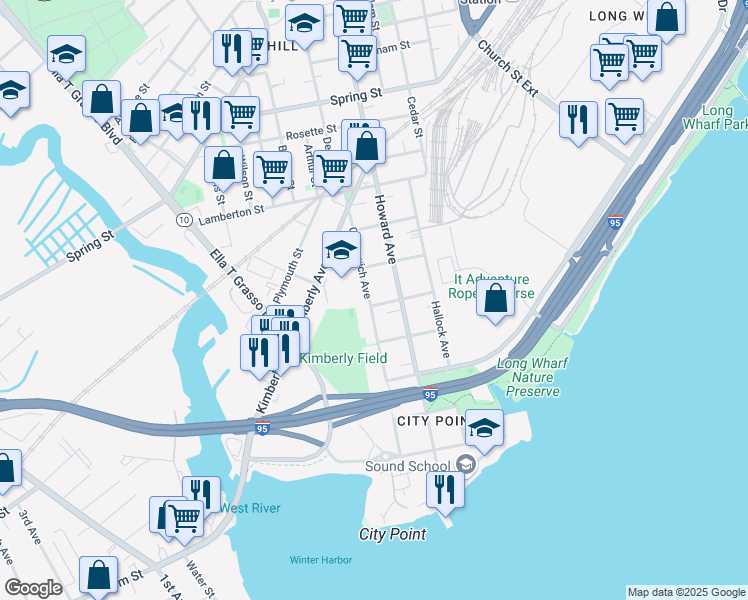 map of restaurants, bars, coffee shops, grocery stores, and more near 321 Greenwich Avenue in New Haven