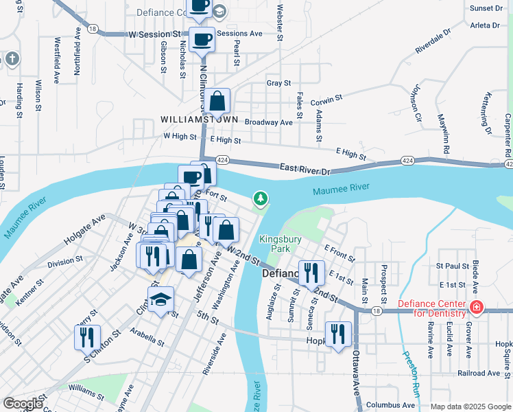 map of restaurants, bars, coffee shops, grocery stores, and more near 320 Fort Street in Defiance