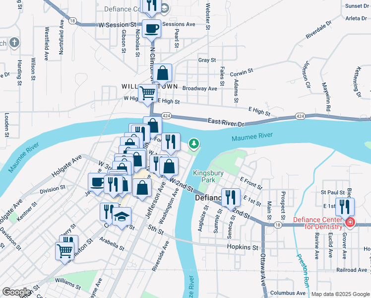 map of restaurants, bars, coffee shops, grocery stores, and more near 320 Fort Street in Defiance