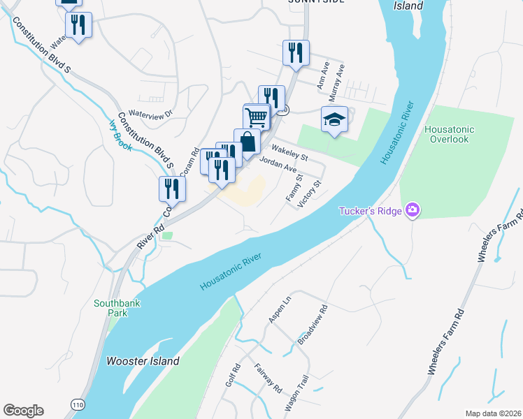 map of restaurants, bars, coffee shops, grocery stores, and more near 36 Anna Street in Shelton
