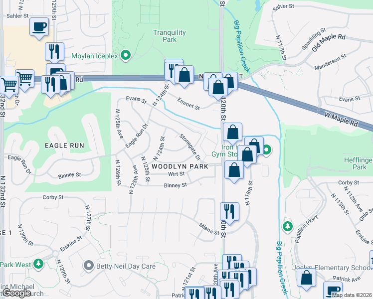 map of restaurants, bars, coffee shops, grocery stores, and more near 12106 Spencer Street in Omaha
