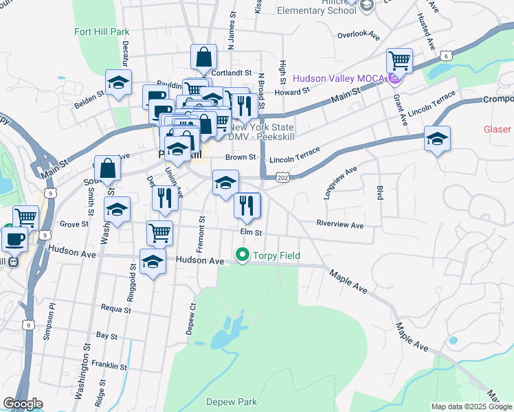 map of restaurants, bars, coffee shops, grocery stores, and more near 121 Wells Street in Peekskill