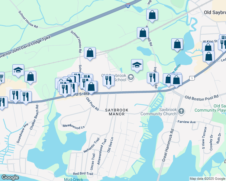 map of restaurants, bars, coffee shops, grocery stores, and more near 1179 Boston Post Road in Old Saybrook
