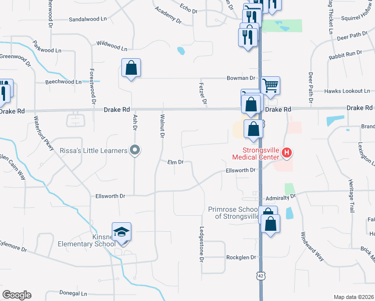 map of restaurants, bars, coffee shops, grocery stores, and more near 19567 Blue Spruce Dr in Strongsville