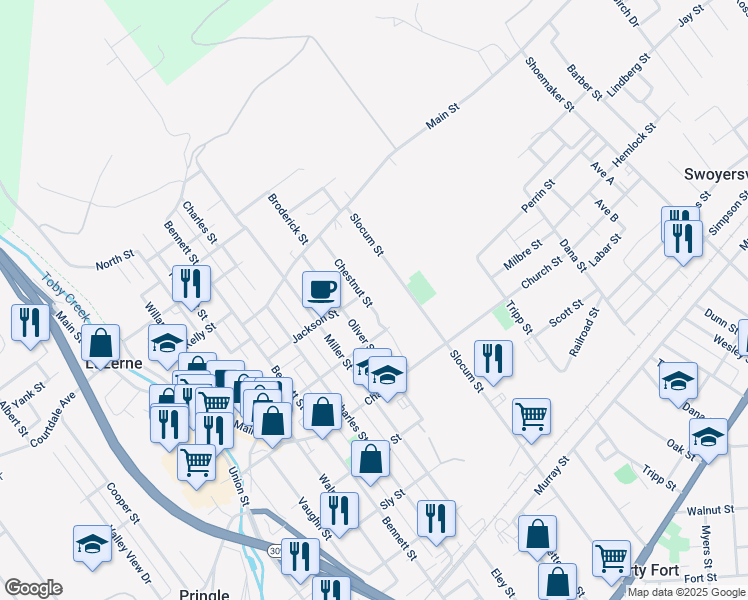 map of restaurants, bars, coffee shops, grocery stores, and more near 45 Chestnut Street in Swoyersville
