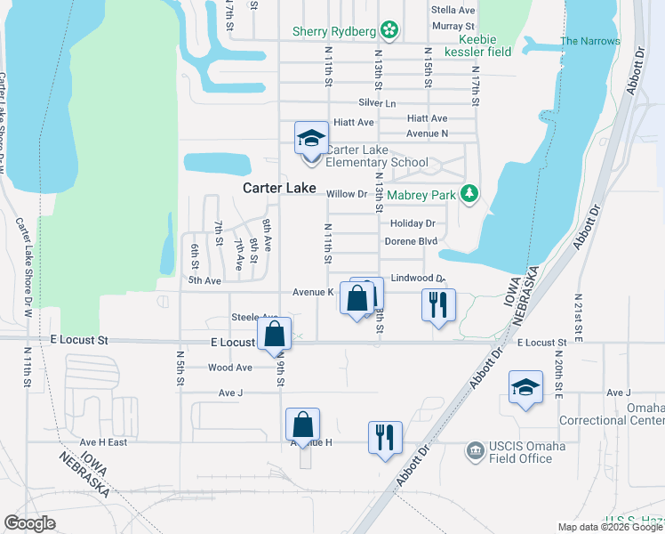 map of restaurants, bars, coffee shops, grocery stores, and more near 3106 North 11th Street in Carter Lake