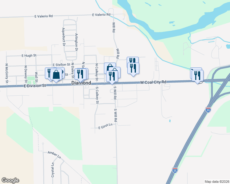 map of restaurants, bars, coffee shops, grocery stores, and more near 70 South Will Road in Diamond