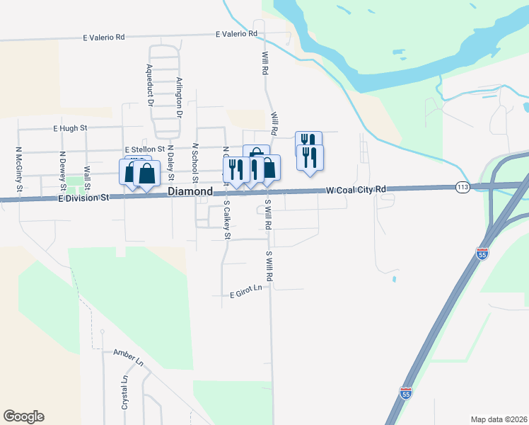 map of restaurants, bars, coffee shops, grocery stores, and more near 70 South Will Road in Diamond
