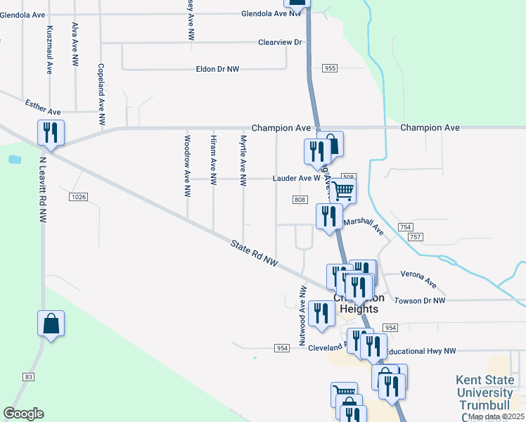 map of restaurants, bars, coffee shops, grocery stores, and more near 4785 Damon Avenue Northwest in Warren