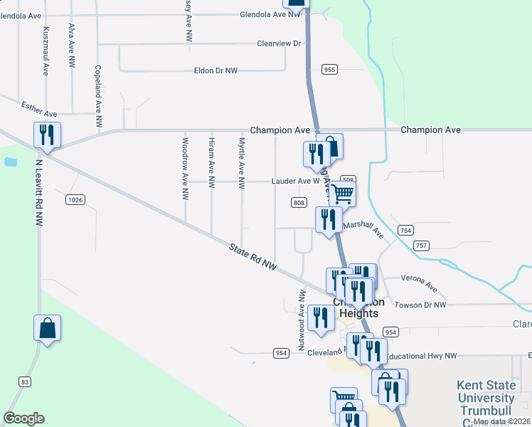 map of restaurants, bars, coffee shops, grocery stores, and more near 4785 Damon Avenue Northwest in Warren