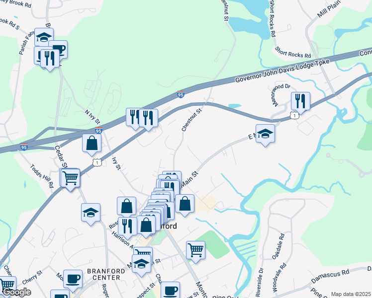 map of restaurants, bars, coffee shops, grocery stores, and more near 20 Beach Place in Branford