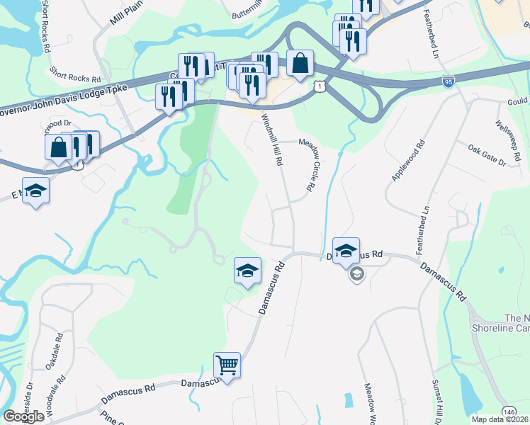 map of restaurants, bars, coffee shops, grocery stores, and more near 14 Victoria Drive in Branford