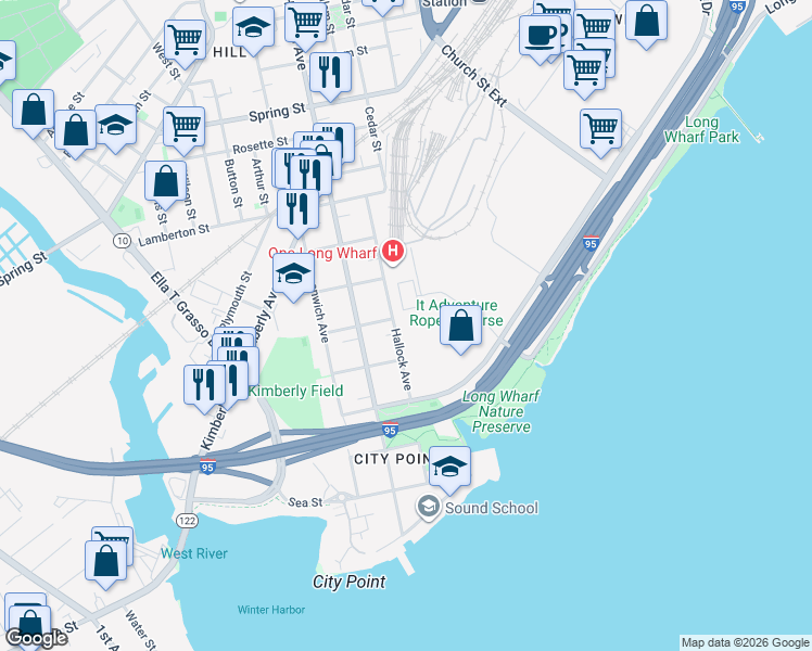 map of restaurants, bars, coffee shops, grocery stores, and more near 163 Hallock Avenue in New Haven
