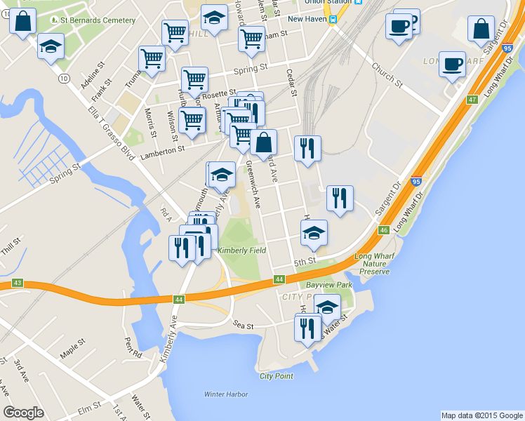 map of restaurants, bars, coffee shops, grocery stores, and more near 322 Greenwich Avenue in New Haven