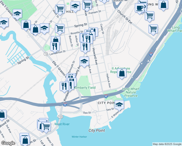 map of restaurants, bars, coffee shops, grocery stores, and more near 322 Greenwich Avenue in New Haven