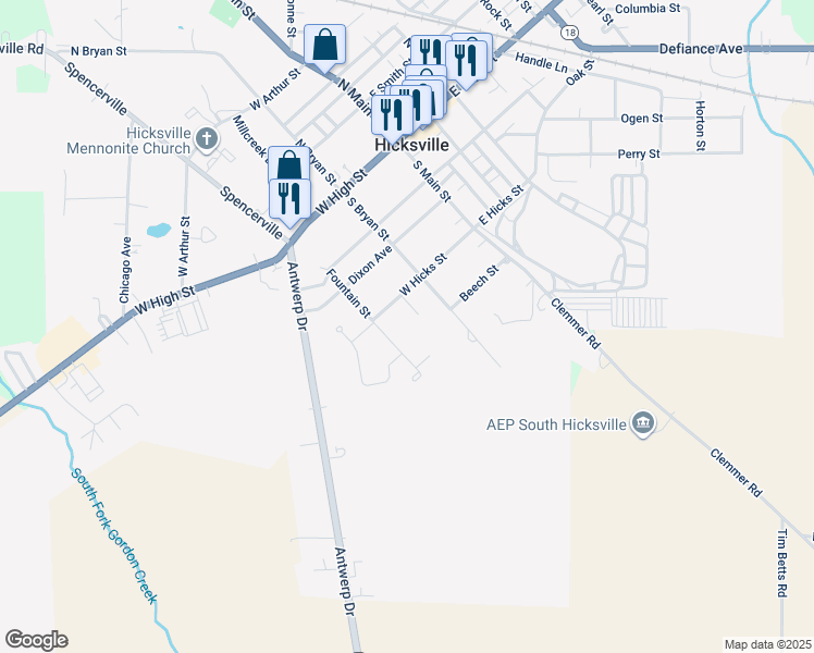 map of restaurants, bars, coffee shops, grocery stores, and more near 401 Fountain Street in Hicksville