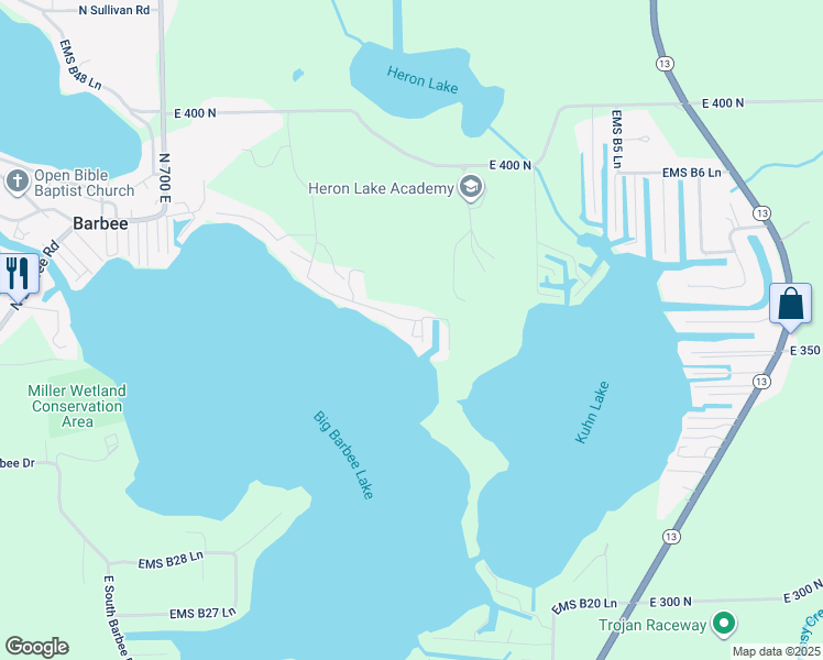 map of restaurants, bars, coffee shops, grocery stores, and more near 18 Ems B1D Lane in Pierceton