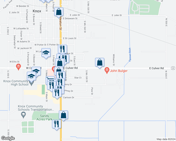 map of restaurants, bars, coffee shops, grocery stores, and more near 1000-1008 South Mcgill Street in Knox