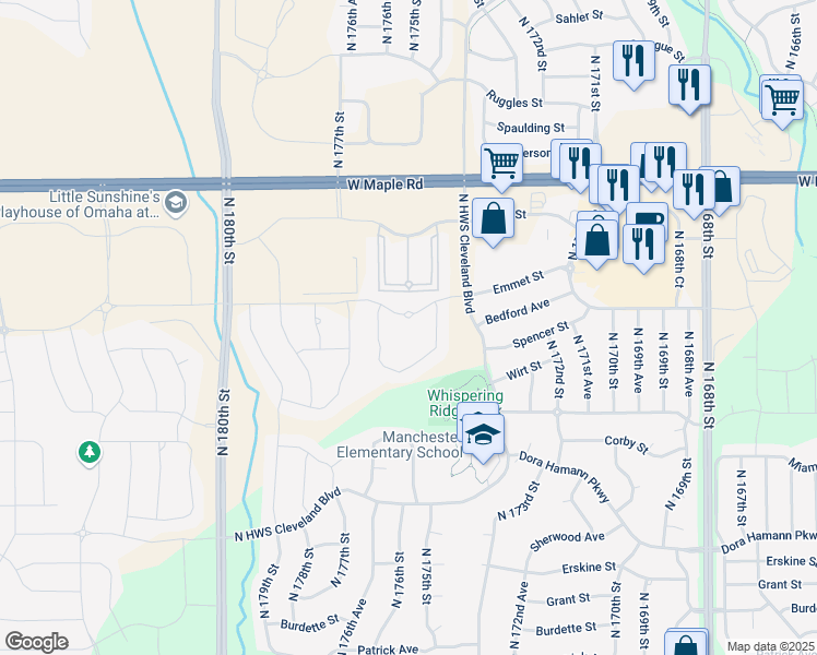 map of restaurants, bars, coffee shops, grocery stores, and more near 17550 Wirt Street in Omaha