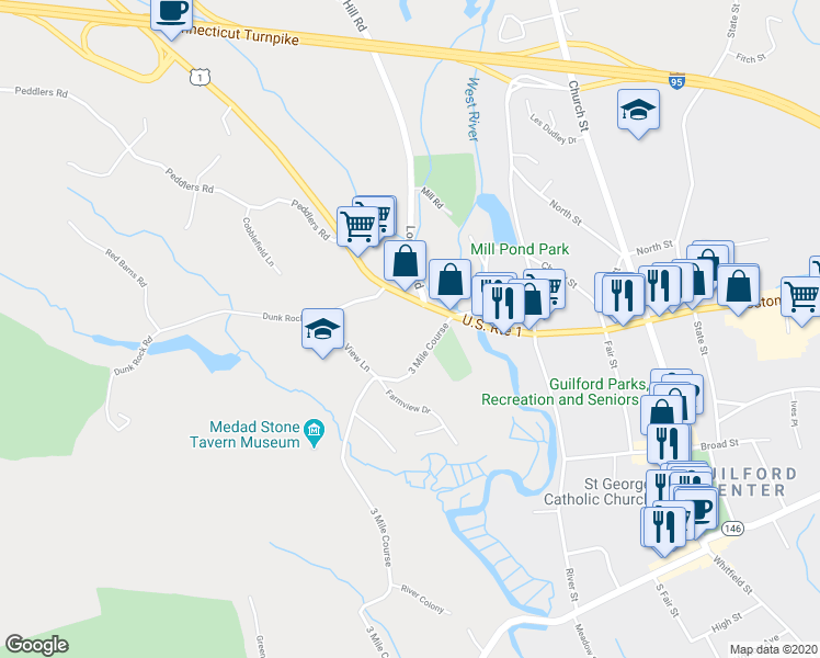 map of restaurants, bars, coffee shops, grocery stores, and more near 31 3 Mile Course in Guilford