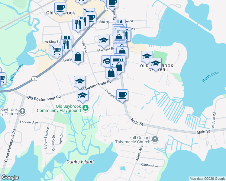 map of restaurants, bars, coffee shops, grocery stores, and more near 311 Main Street in Old Saybrook