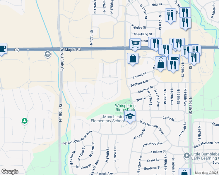 map of restaurants, bars, coffee shops, grocery stores, and more near 17555 Emmet Street in Omaha