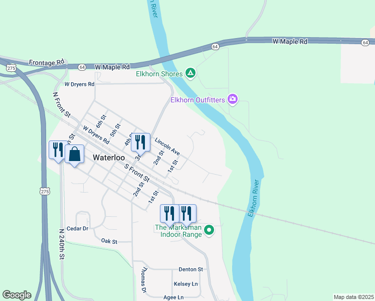 map of restaurants, bars, coffee shops, grocery stores, and more near 102 East Lincoln Avenue in Waterloo