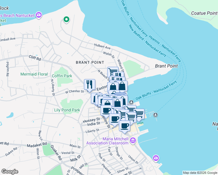 map of restaurants, bars, coffee shops, grocery stores, and more near 76 Easton St in Nantucket