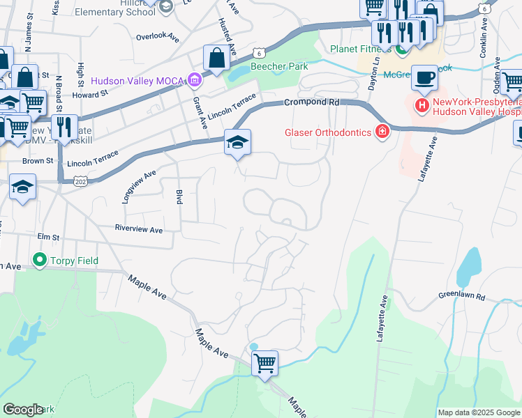 map of restaurants, bars, coffee shops, grocery stores, and more near 3207 Villa at the Woods in Peekskill