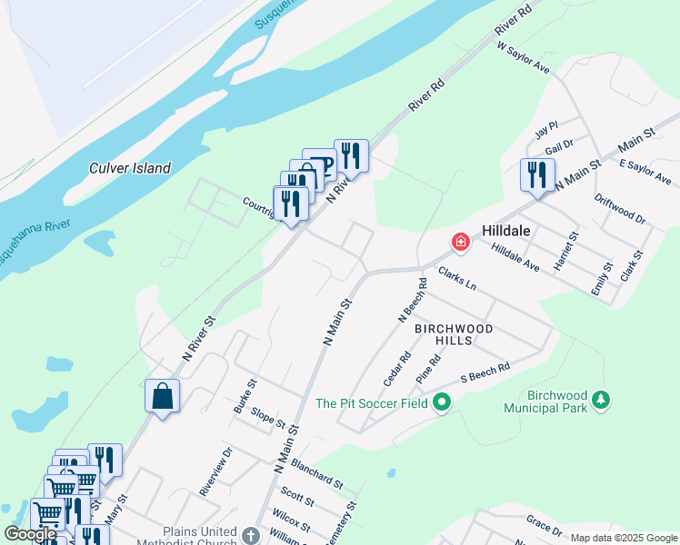 map of restaurants, bars, coffee shops, grocery stores, and more near 134 Hollywood Avenue in Wilkes-Barre