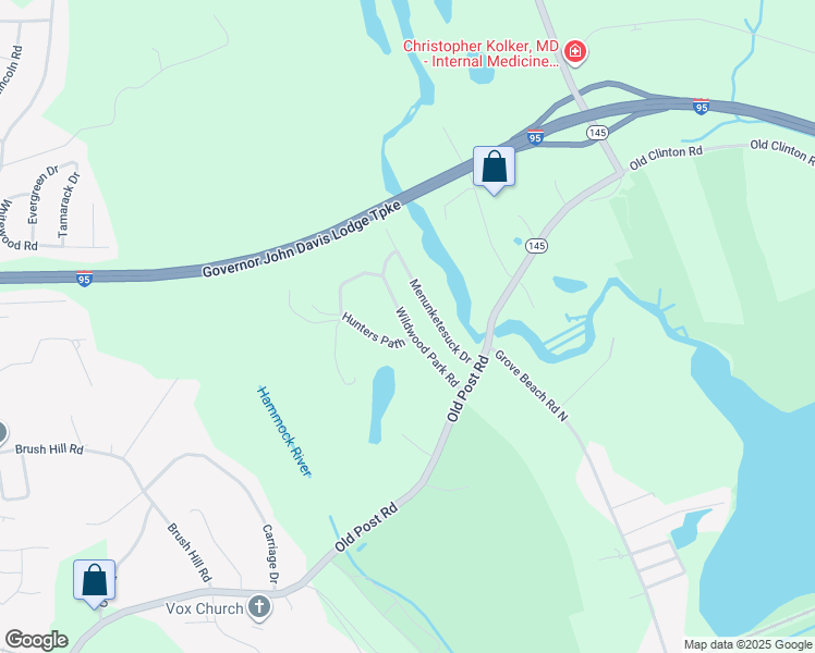 map of restaurants, bars, coffee shops, grocery stores, and more near Wildwood Park Road in Clinton