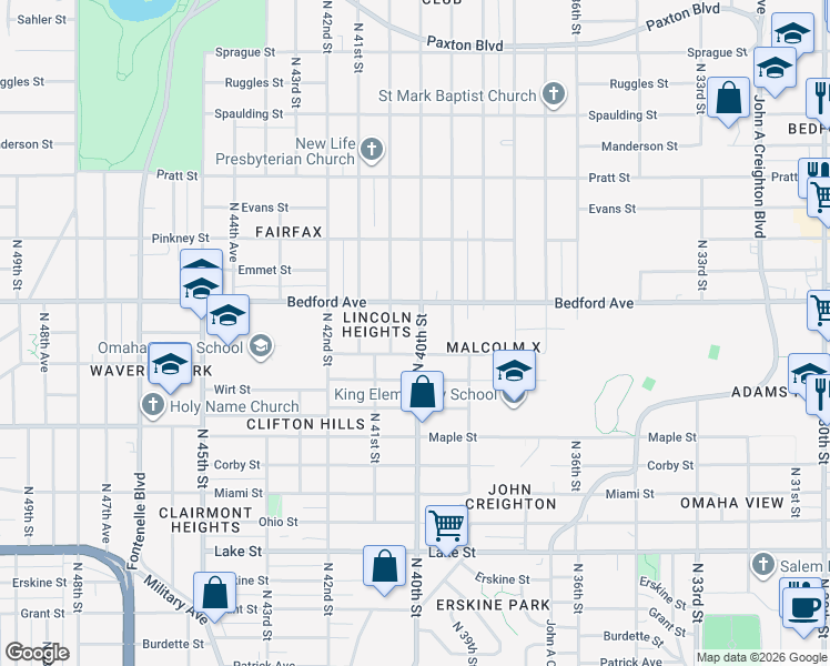map of restaurants, bars, coffee shops, grocery stores, and more near 4022 Spencer Street in Omaha