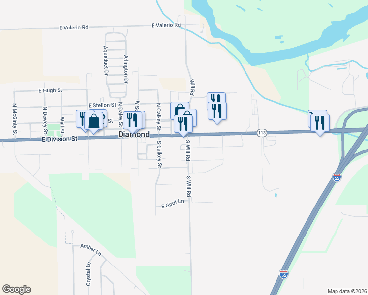 map of restaurants, bars, coffee shops, grocery stores, and more near 60 S Will Rd in Diamond
