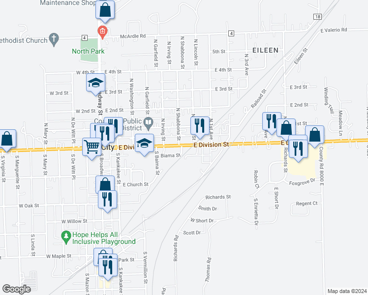 map of restaurants, bars, coffee shops, grocery stores, and more near 535 East Division Street in Coal City