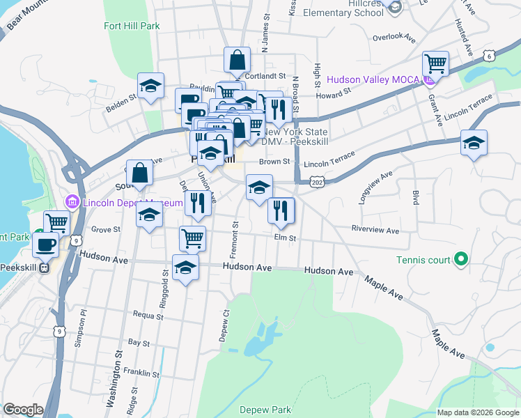 map of restaurants, bars, coffee shops, grocery stores, and more near 115 Oak Hill Street in Peekskill