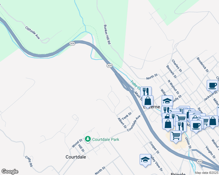 map of restaurants, bars, coffee shops, grocery stores, and more near 63 White Rock Terrace in Courtdale