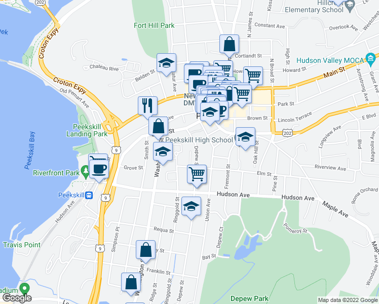map of restaurants, bars, coffee shops, grocery stores, and more near 101 Ringgold Street in Peekskill