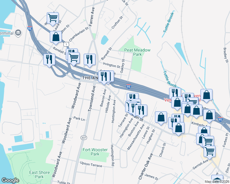 map of restaurants, bars, coffee shops, grocery stores, and more near 88 Main Street in New Haven