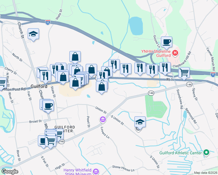 map of restaurants, bars, coffee shops, grocery stores, and more near 770 Boston Post Road in Guilford