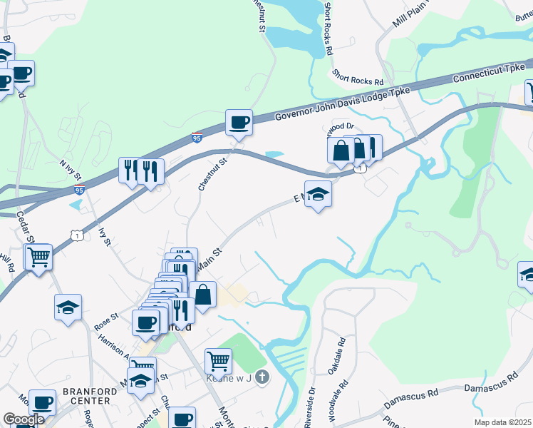 map of restaurants, bars, coffee shops, grocery stores, and more near 6 Willow Road in Branford