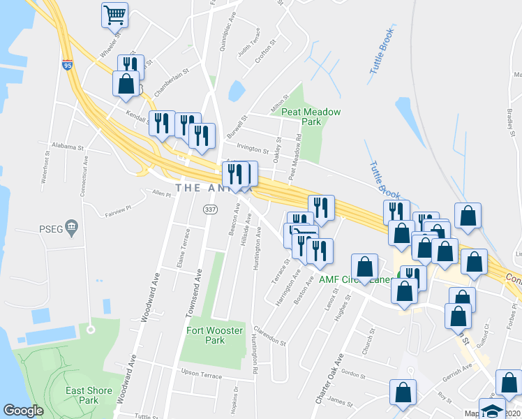 map of restaurants, bars, coffee shops, grocery stores, and more near 86 Main Street in East Haven