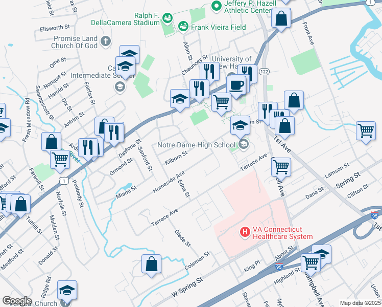 map of restaurants, bars, coffee shops, grocery stores, and more near 40 Kilborn Street in West Haven