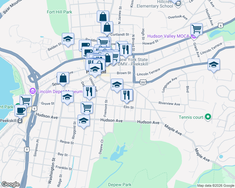 map of restaurants, bars, coffee shops, grocery stores, and more near 115 Oak Hill Street in Peekskill