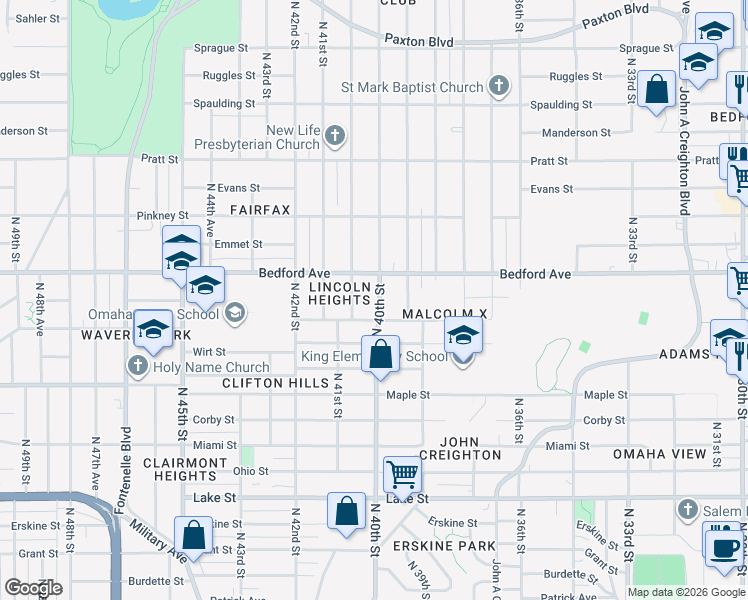 map of restaurants, bars, coffee shops, grocery stores, and more near 4022 Spencer Street in Omaha
